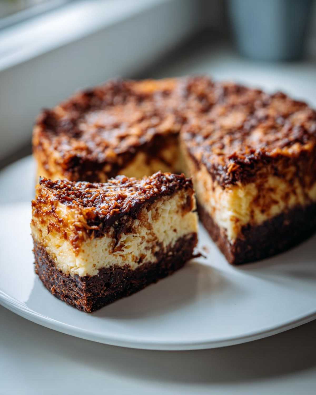 A slice of rich german chocolate cheesecake with a dark crust and coconut-pecan topping.