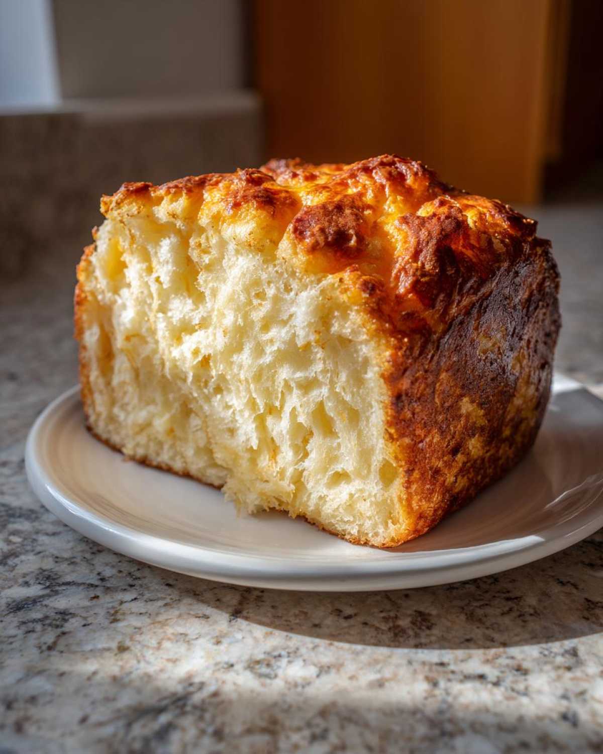A thick slice of fluffy, golden-crusted beer bread resting on a small white plate.