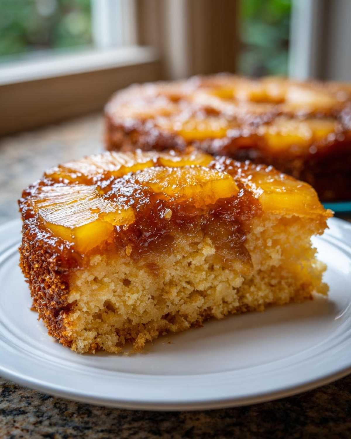 A close-up of a moist slice of pineapple upside down cake on a white plate.
