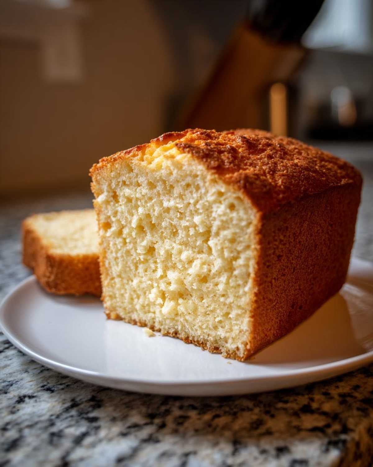 A close-up of a freshly baked loaf of beer bread, sliced to show its fluffy interior, resting on a white plate.