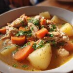 Close-up of a bowl of rich slow cooker chicken stew featuring shredded chicken, large chunks of carrots, potatoes, and fresh parsley garnish.