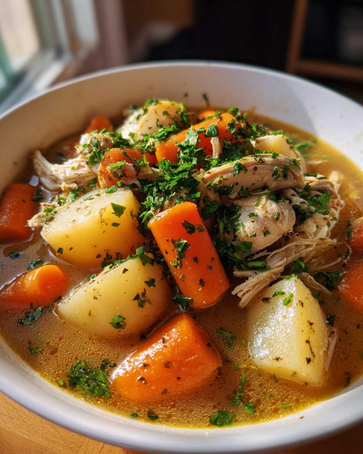 A close-up of a white bowl filled with rich broth, shredded chicken, chunky potatoes, carrots, and fresh parsley, showcasing the slow cooker chicken stew.