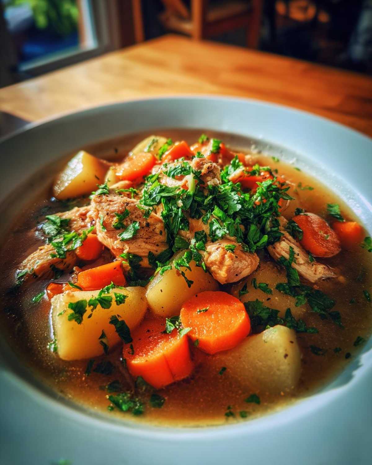 Close-up of a bowl of rich slow cooker chicken stew featuring shredded chicken, carrots, and potatoes, topped with fresh parsley.