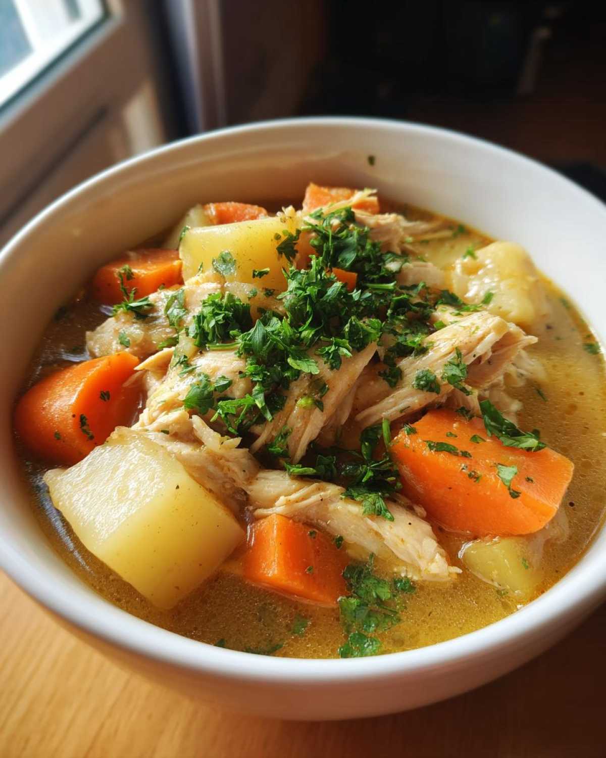 Close-up of a bowl of hearty slow cooker chicken stew with shredded chicken, chunks of carrots, potatoes, and fresh parsley.