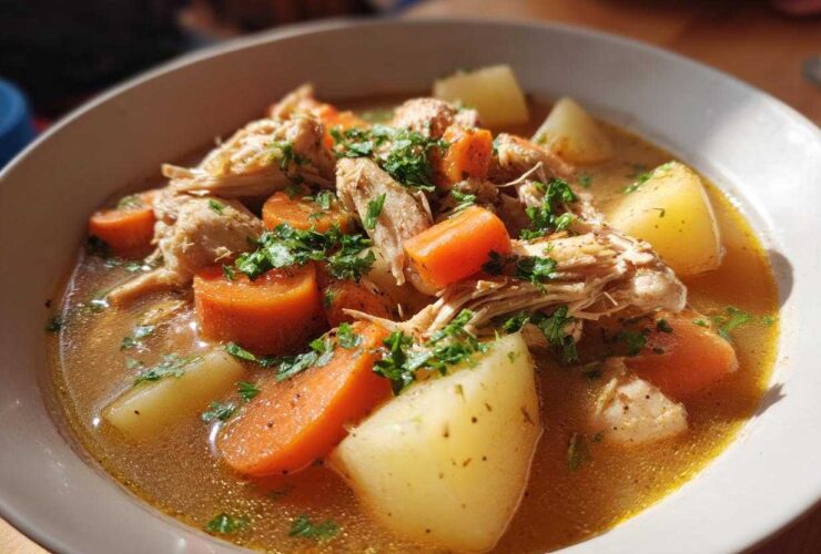 Close-up of a bowl of rich slow cooker chicken stew featuring shredded chicken, large chunks of carrots, potatoes, and fresh parsley garnish.