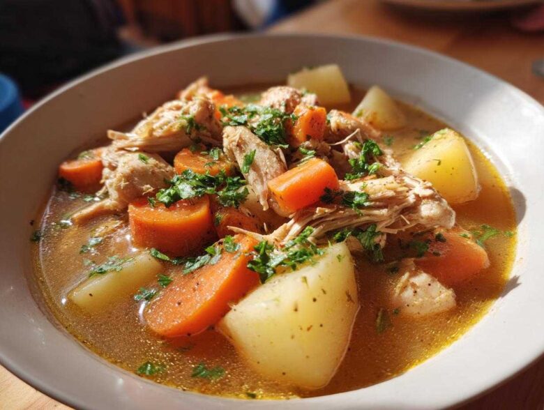 Close-up of a bowl of rich slow cooker chicken stew featuring shredded chicken, large chunks of carrots, potatoes, and fresh parsley garnish.
