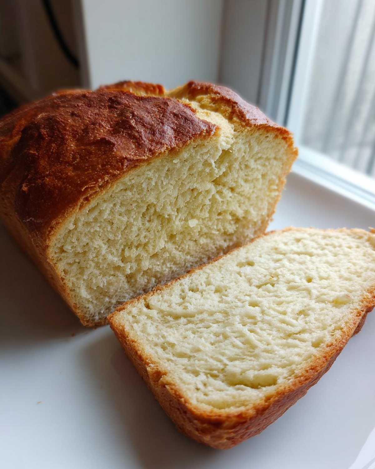 Close-up of a freshly baked soda bread loaf sliced open, showing the soft, light interior crumb.