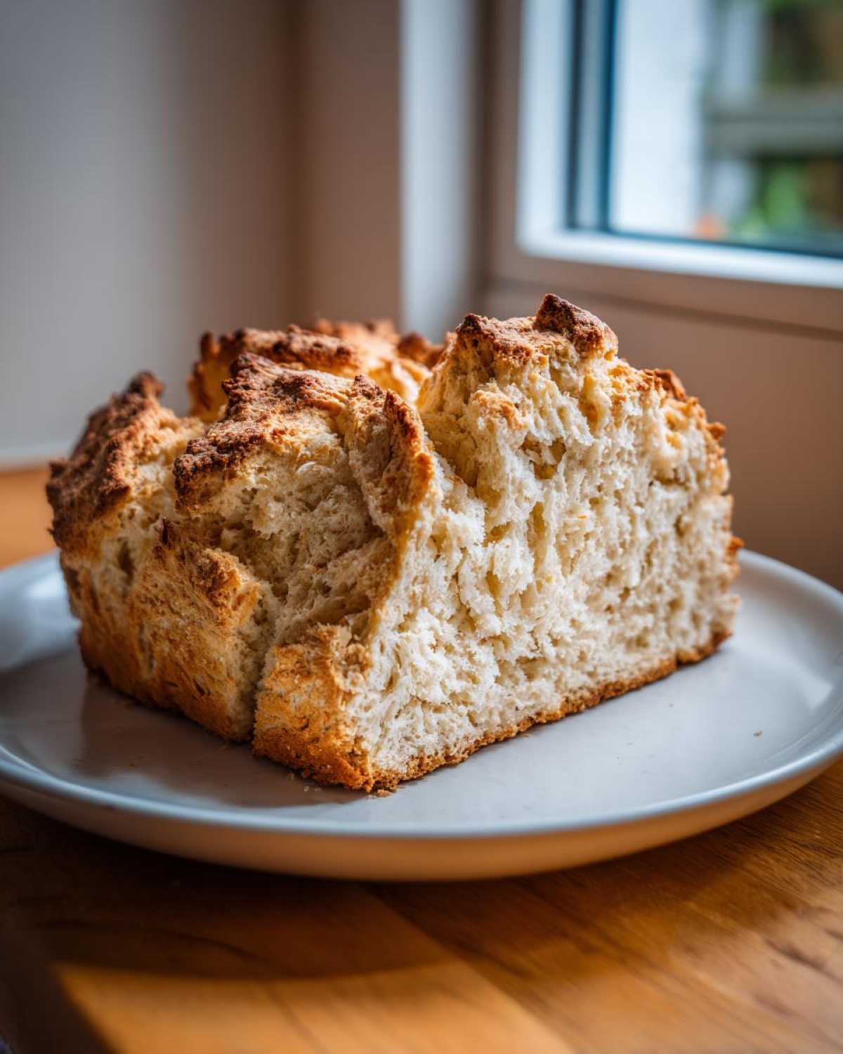 A thick slice of freshly baked soda bread showing its crumbly, light interior and golden brown crust.