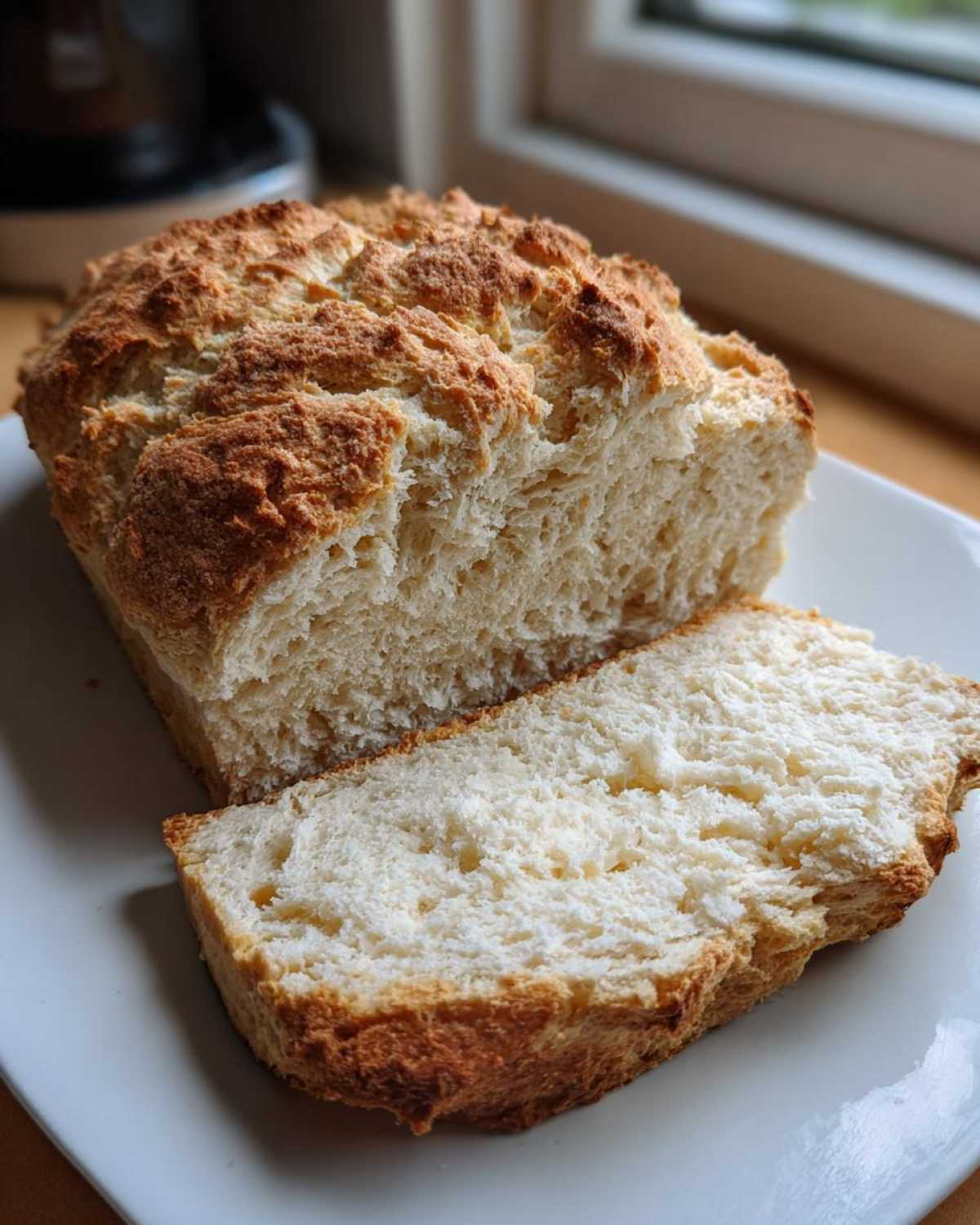 A loaf of freshly baked soda bread, with one thick slice cut and resting against the main loaf on a white plate.