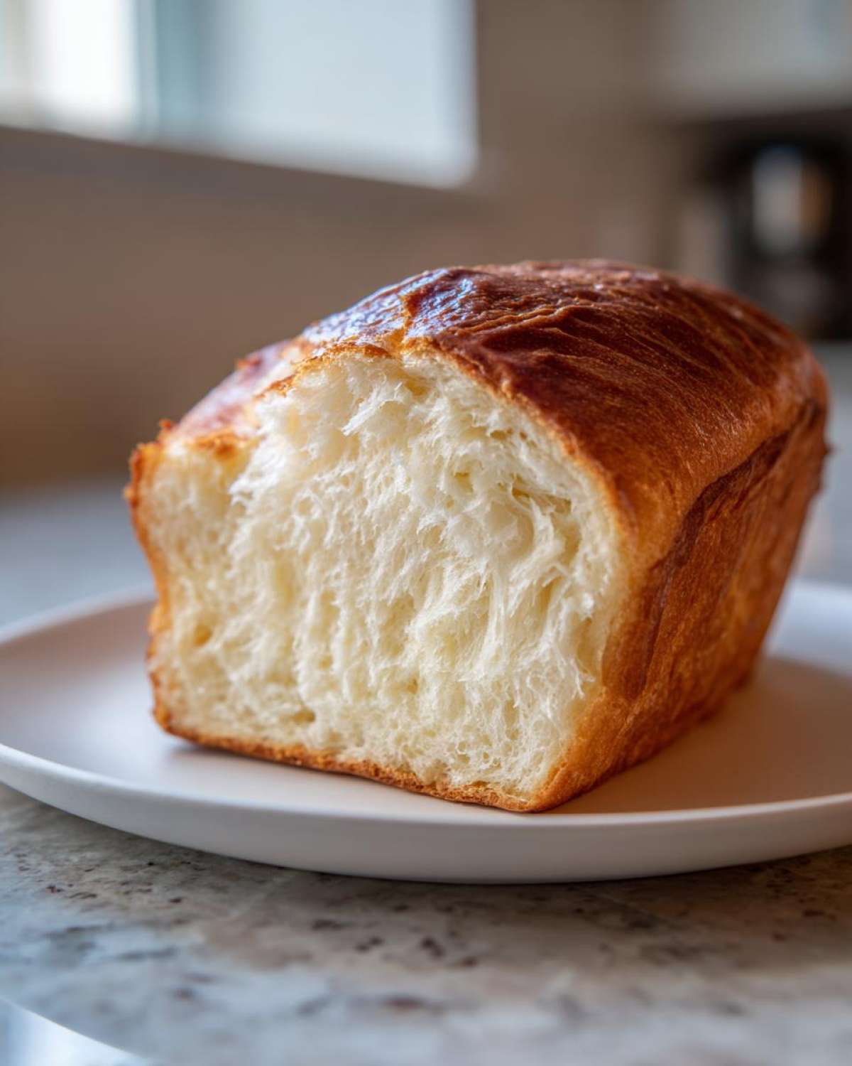 Close-up of a freshly baked Japanese milk bread loaf cut open, showing its incredibly soft, fluffy interior.