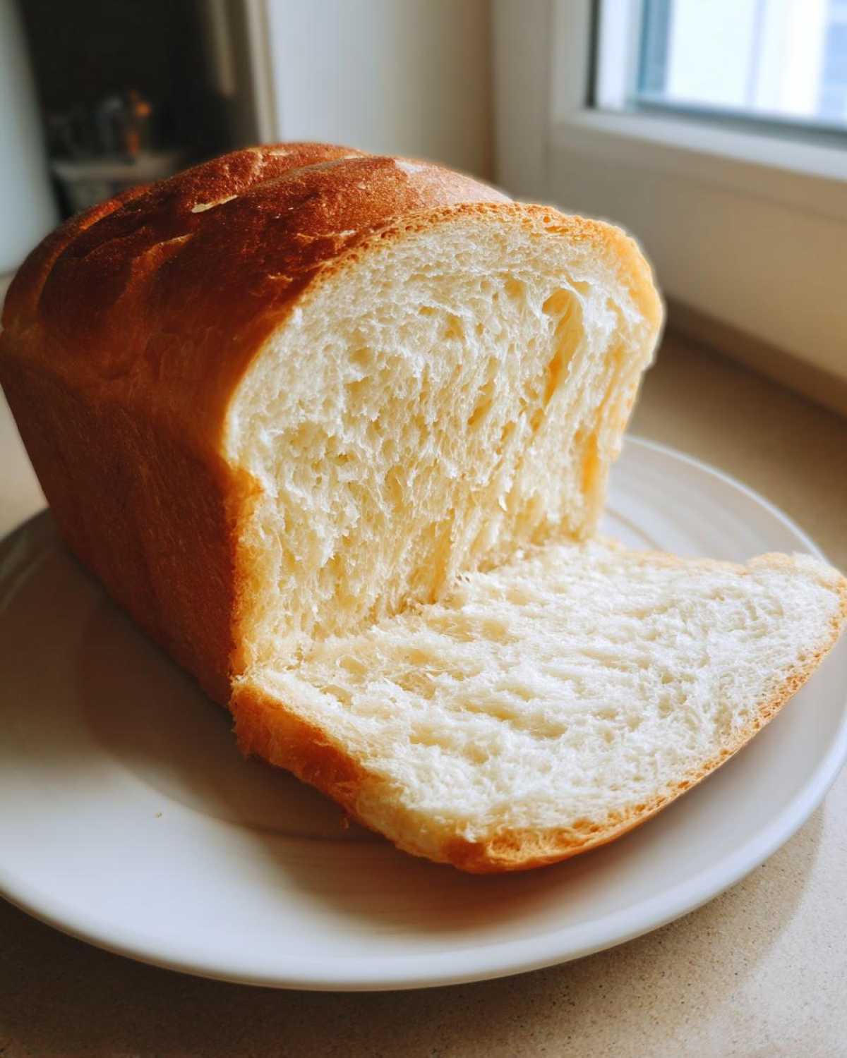 A freshly baked loaf of Japanese milk bread, golden brown on top, with one soft, fluffy slice cut and resting beside it on a white plate.