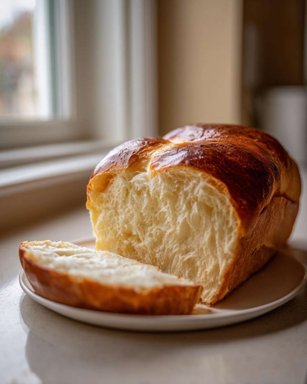 A loaf of golden-brown Japanese milk bread sliced open to show its incredibly soft, fluffy interior.