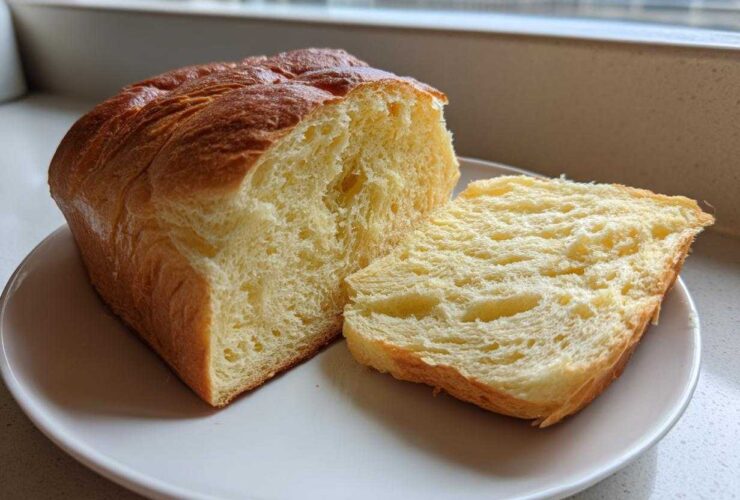 A freshly baked loaf of Japanese milk bread, partially sliced to show its incredibly soft, fluffy interior.