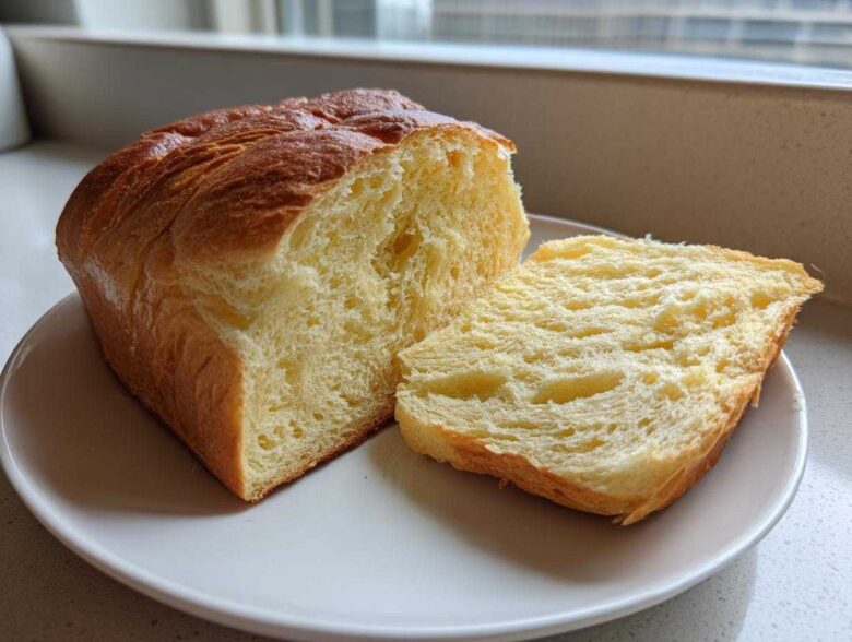 A freshly baked loaf of Japanese milk bread, partially sliced to show its incredibly soft, fluffy interior.