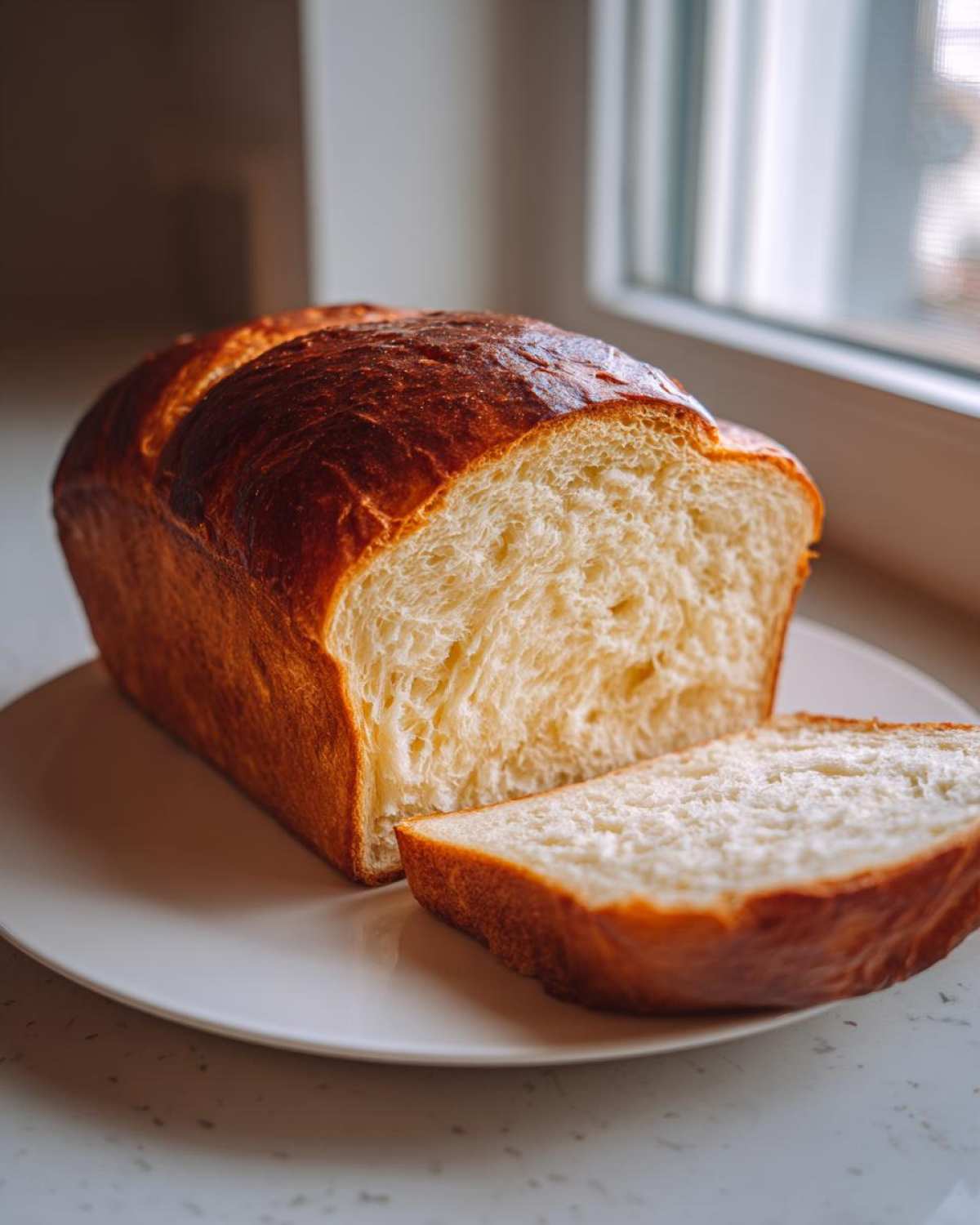 A freshly baked, golden-brown Japanese milk bread loaf sitting on a white plate with one soft slice cut and resting beside it.