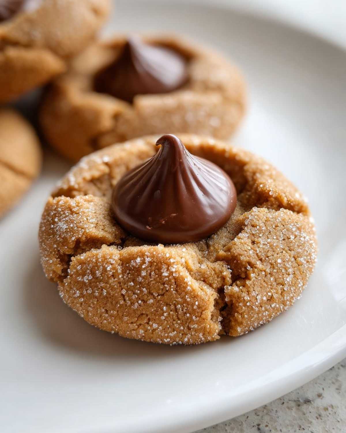 A close-up of a soft peanut butter kiss cookie rolled in sugar, topped with a melted chocolate kiss.