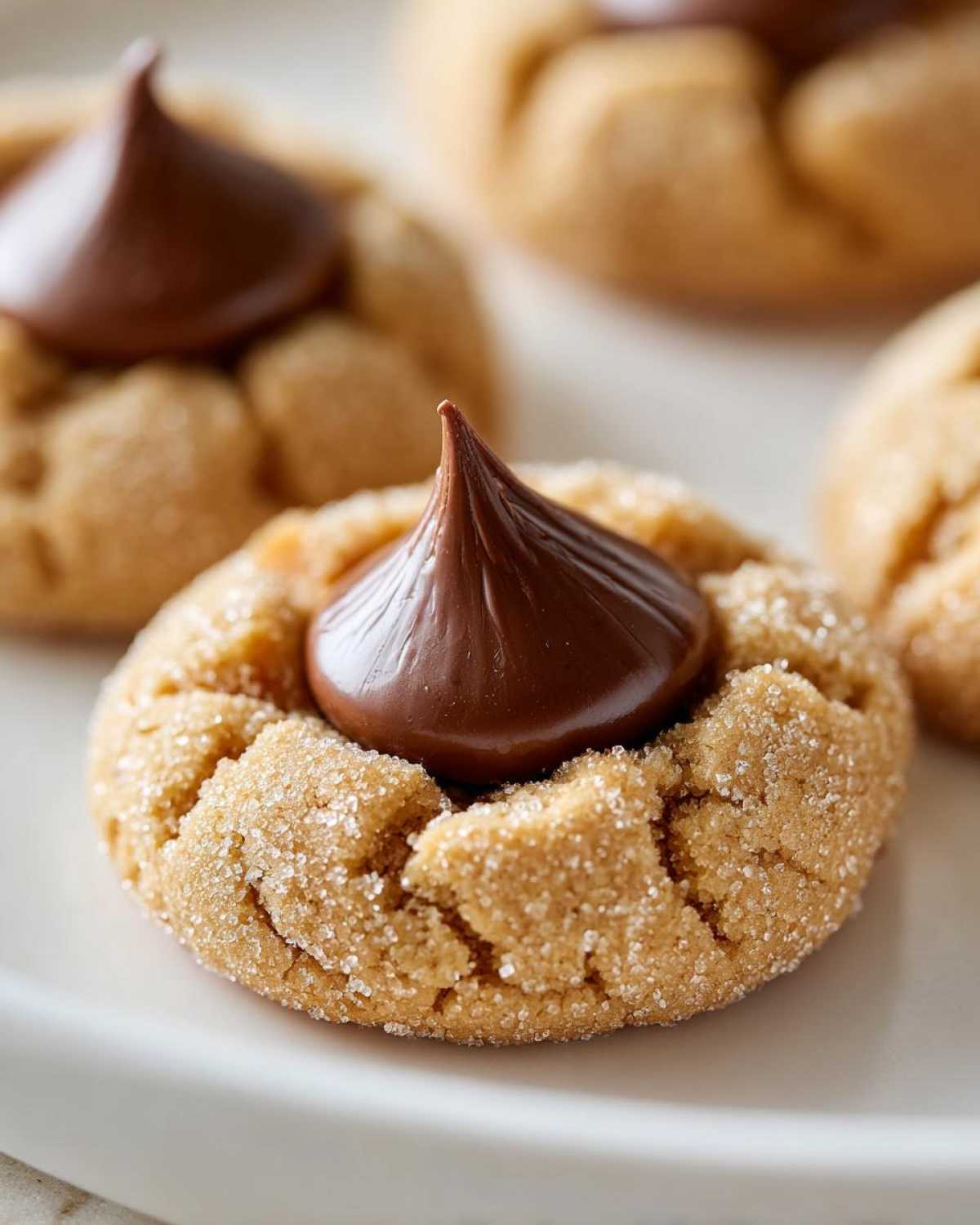 A close-up of a soft peanut butter kiss cookie rolled in sugar, topped with a melted chocolate kiss.