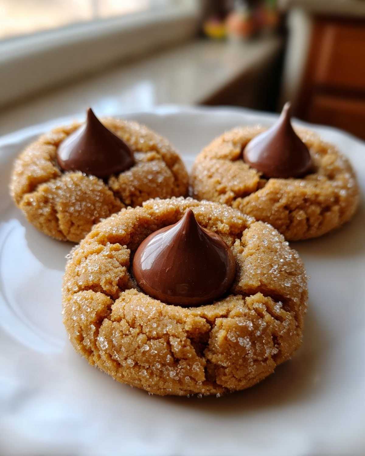 Close-up of three soft peanut butter blossom cookies rolled in sugar, each topped with a chocolate kiss.