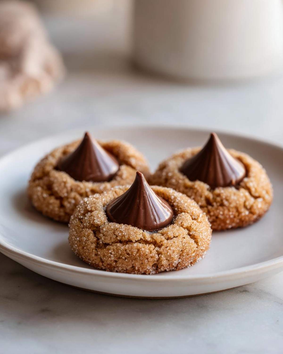 Three soft peanut butter blossom cookies rolled in sugar, each topped with a milk chocolate kiss, served on a white plate.