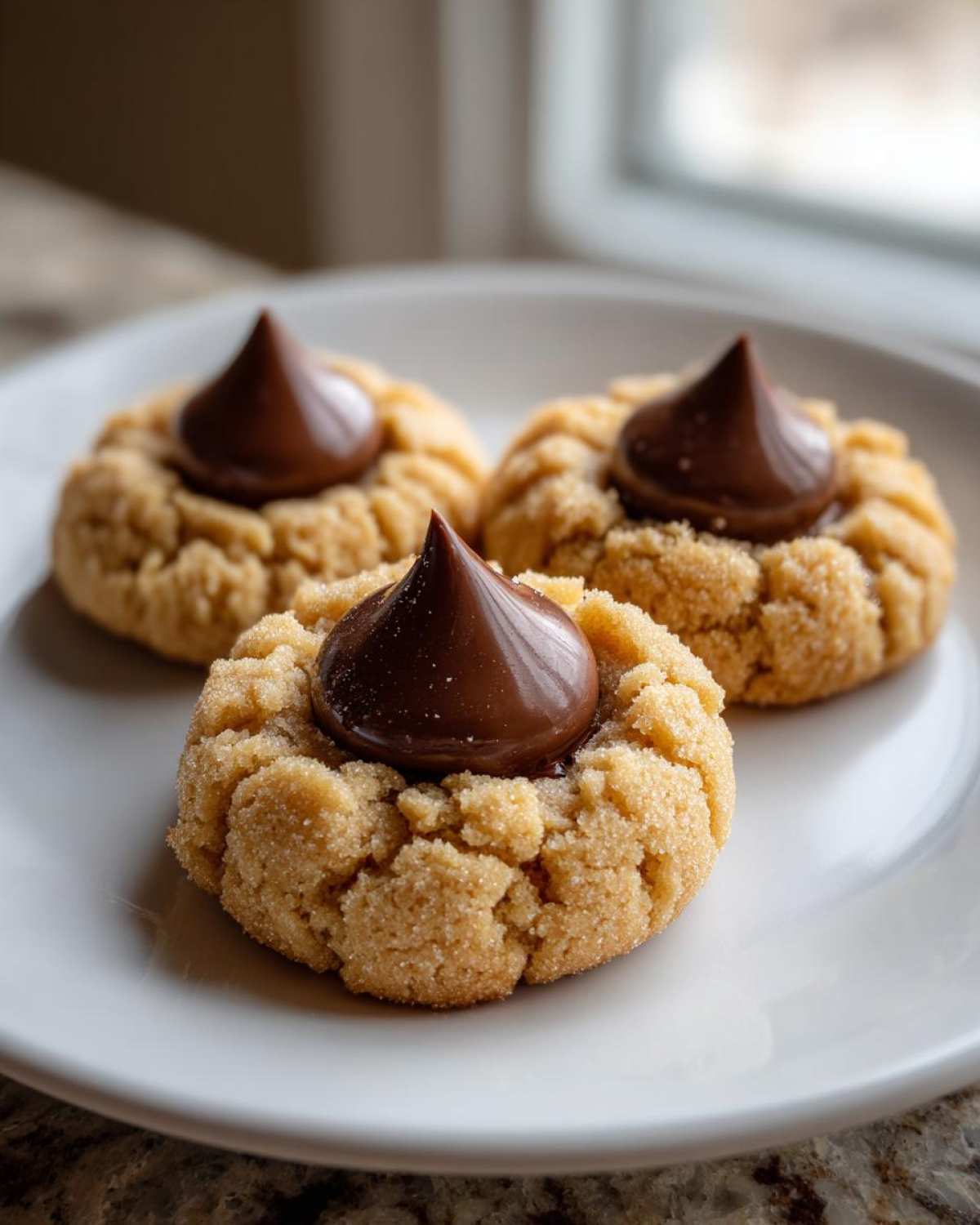 Three classic peanut butter blossom cookies, rolled in sugar and topped with a chocolate kiss, resting on a white plate.