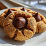 Close-up of two soft peanut butter blossom cookies coated in sugar, topped with a chocolate kiss.