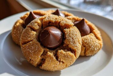 Close-up of two soft peanut butter blossom cookies coated in sugar, topped with a chocolate kiss.