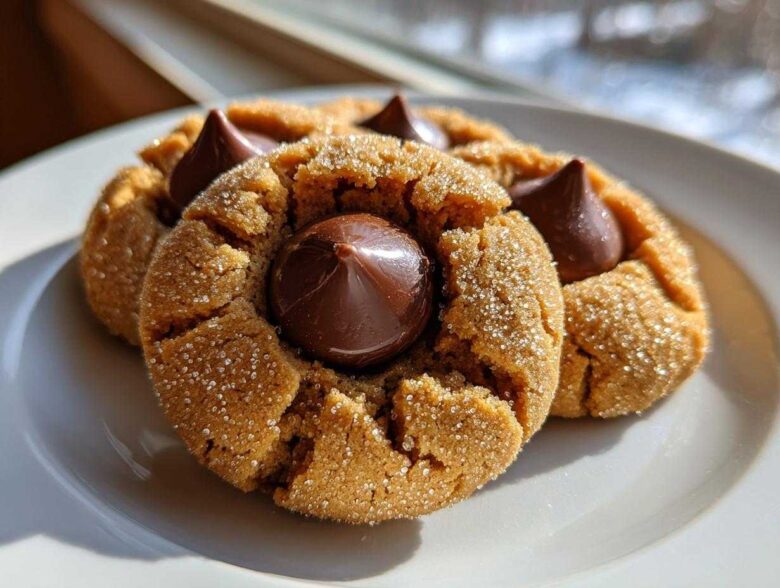 Close-up of two soft peanut butter blossom cookies coated in sugar, topped with a chocolate kiss.