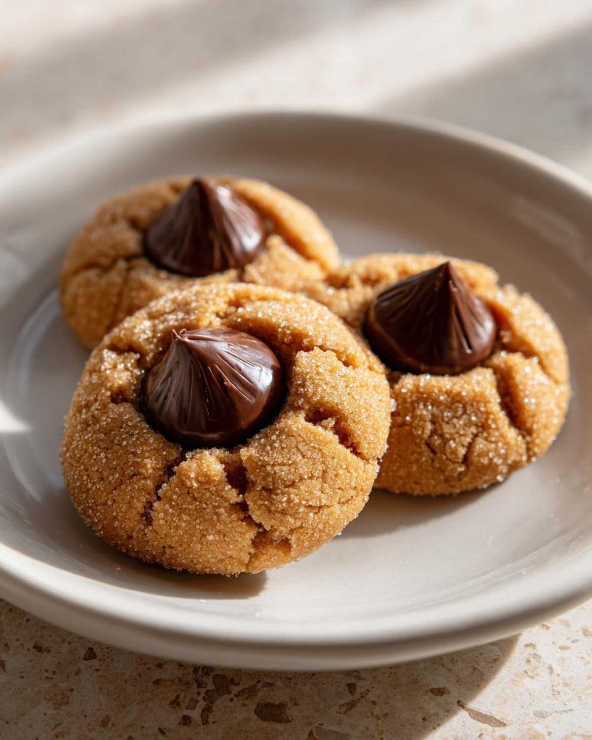 Close-up of three soft peanut butter blossom cookies rolled in sugar, each topped with a chocolate kiss.