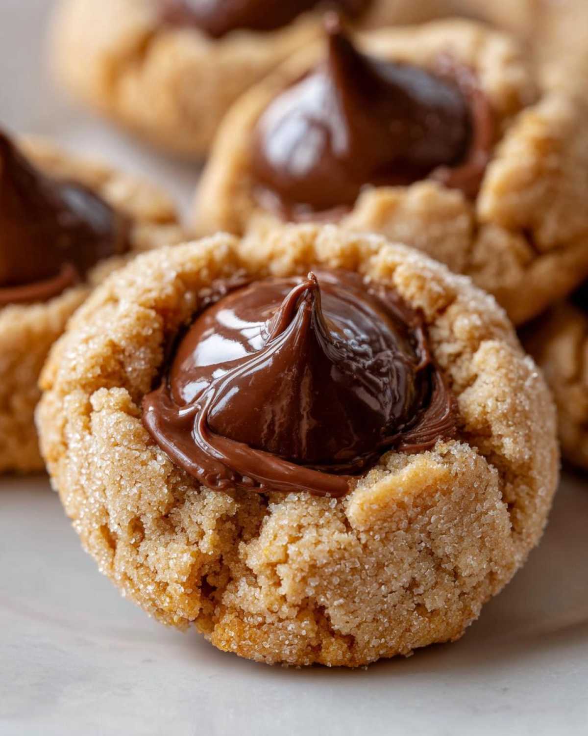 A close-up of a soft peanut butter kiss cookie rolled in sugar, topped with melted chocolate.