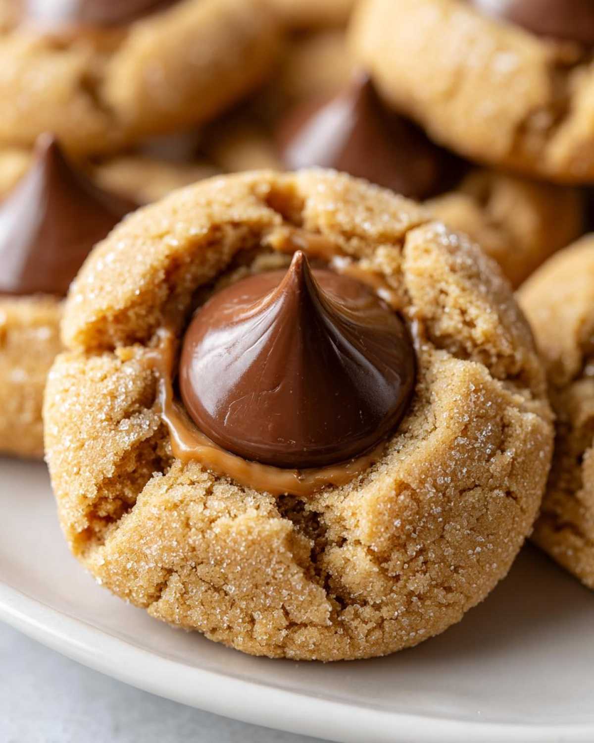 A close-up of a soft peanut butter kiss cookies, rolled in sugar, with a melted chocolate kiss pressed into the center.