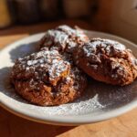Three soft persimmon cookies dusted heavily with powdered sugar resting on a light beige plate.