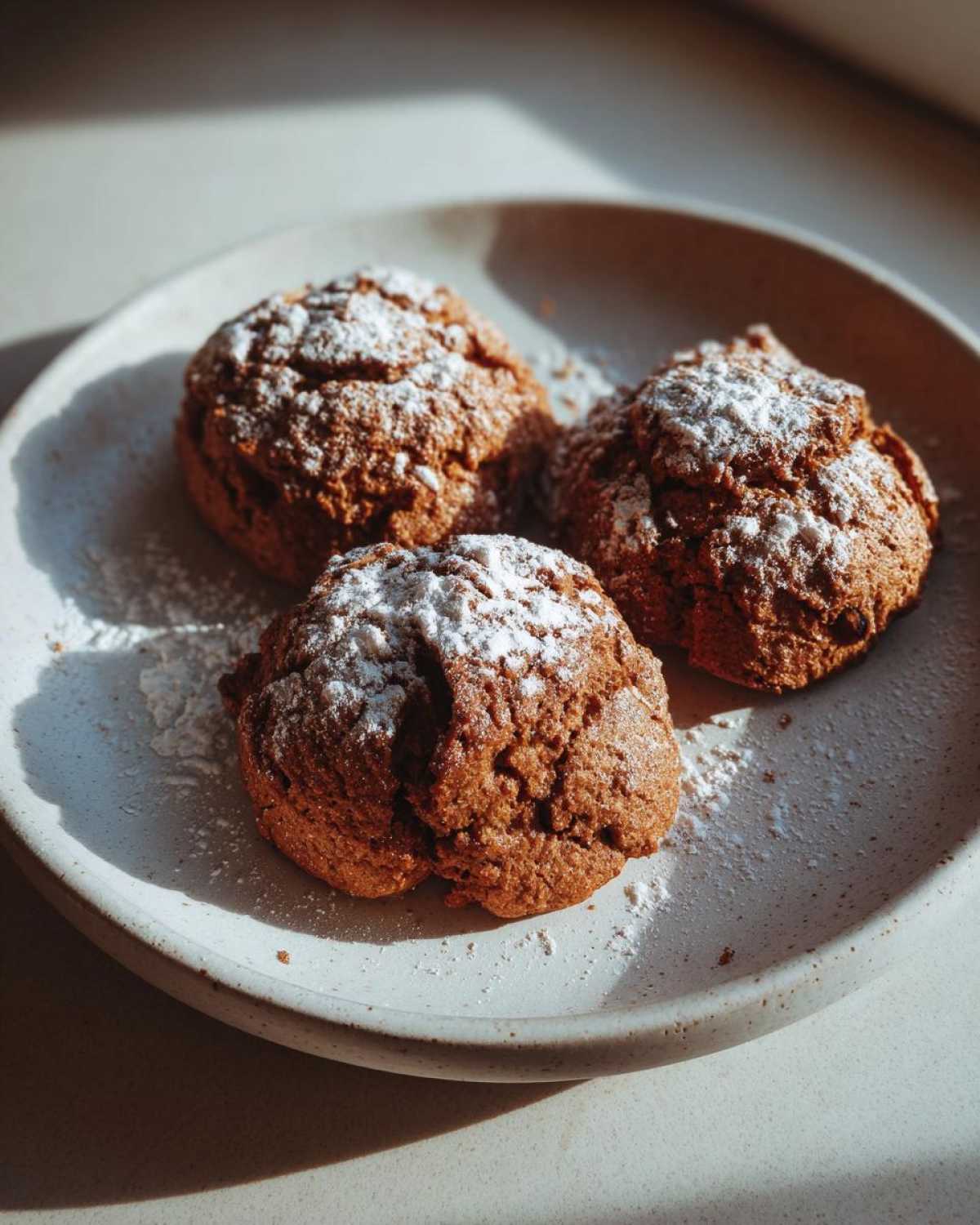 Three soft persimmon cookies dusted with powdered sugar resting on a light ceramic plate in dramatic sunlight.