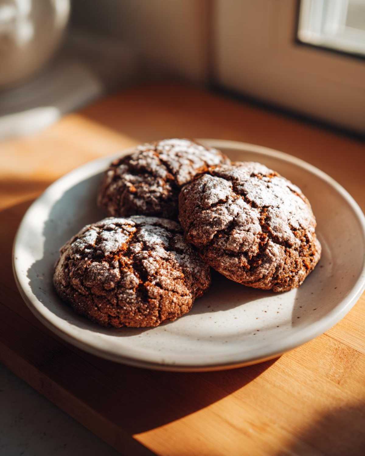 Three soft persimmon cookies, dark brown and cracked, dusted with powdered sugar on a light speckled plate.