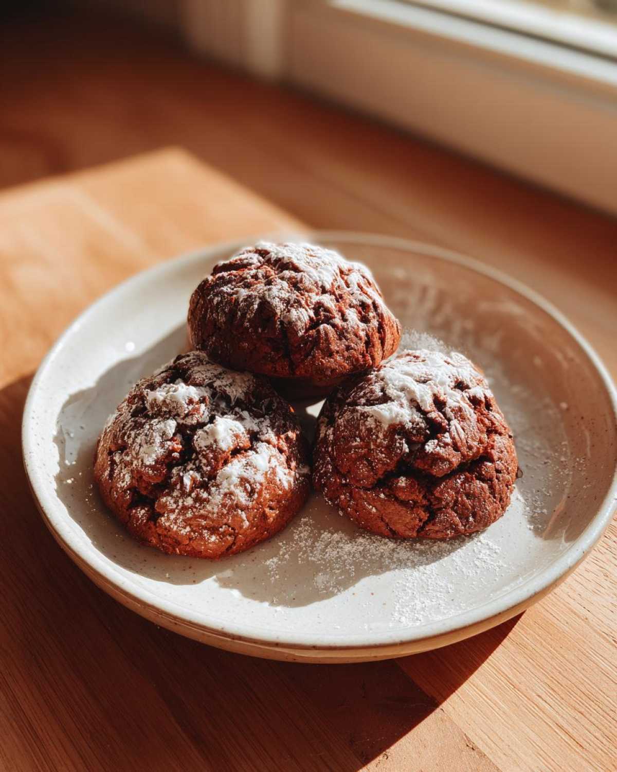 Three soft persimmon cookies dusted with powdered sugar resting on a light ceramic plate.