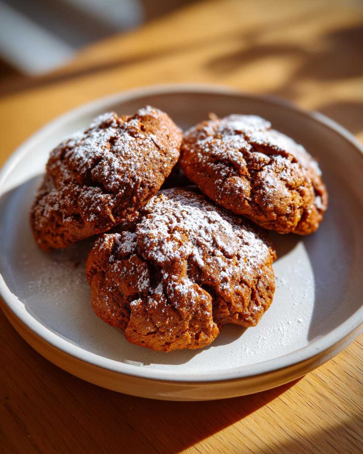Three soft persimmon cookies dusted generously with powdered sugar on a light gray plate.