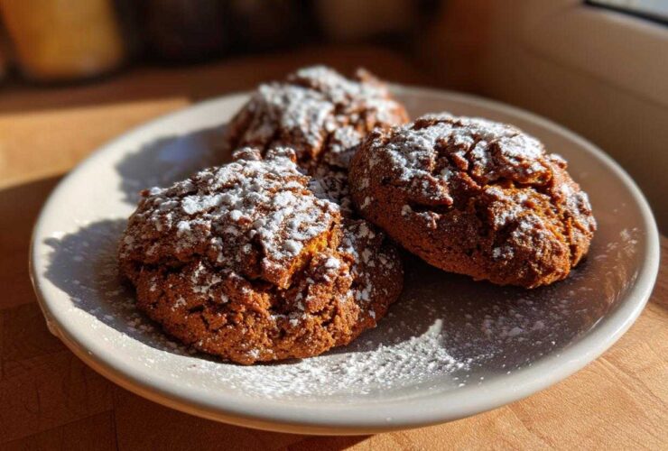 Three soft persimmon cookies dusted heavily with powdered sugar resting on a light beige plate.