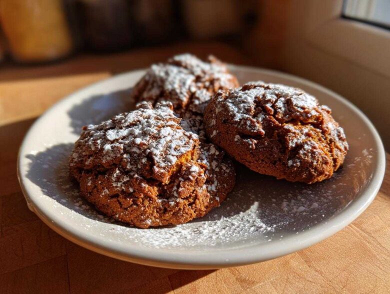 Three soft persimmon cookies dusted heavily with powdered sugar resting on a light beige plate.
