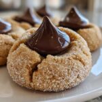 Close-up of a soft peanut butter kiss cookie rolled in sugar, topped with a melted chocolate Hershey's Kiss.