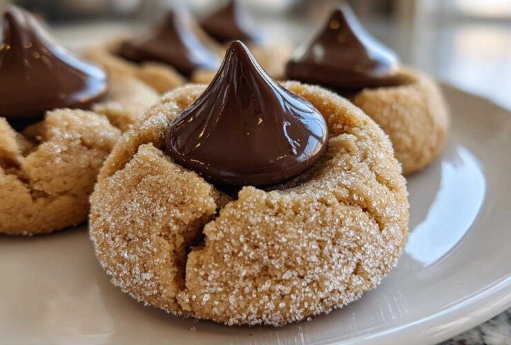 Close-up of a soft peanut butter kiss cookie rolled in sugar, topped with a melted chocolate Hershey's Kiss.