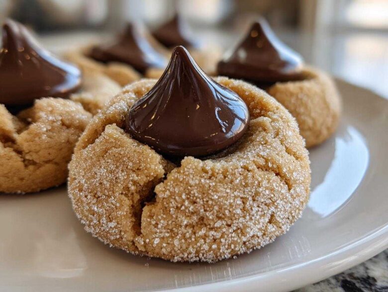 Close-up of a soft peanut butter kiss cookie rolled in sugar, topped with a melted chocolate Hershey's Kiss.