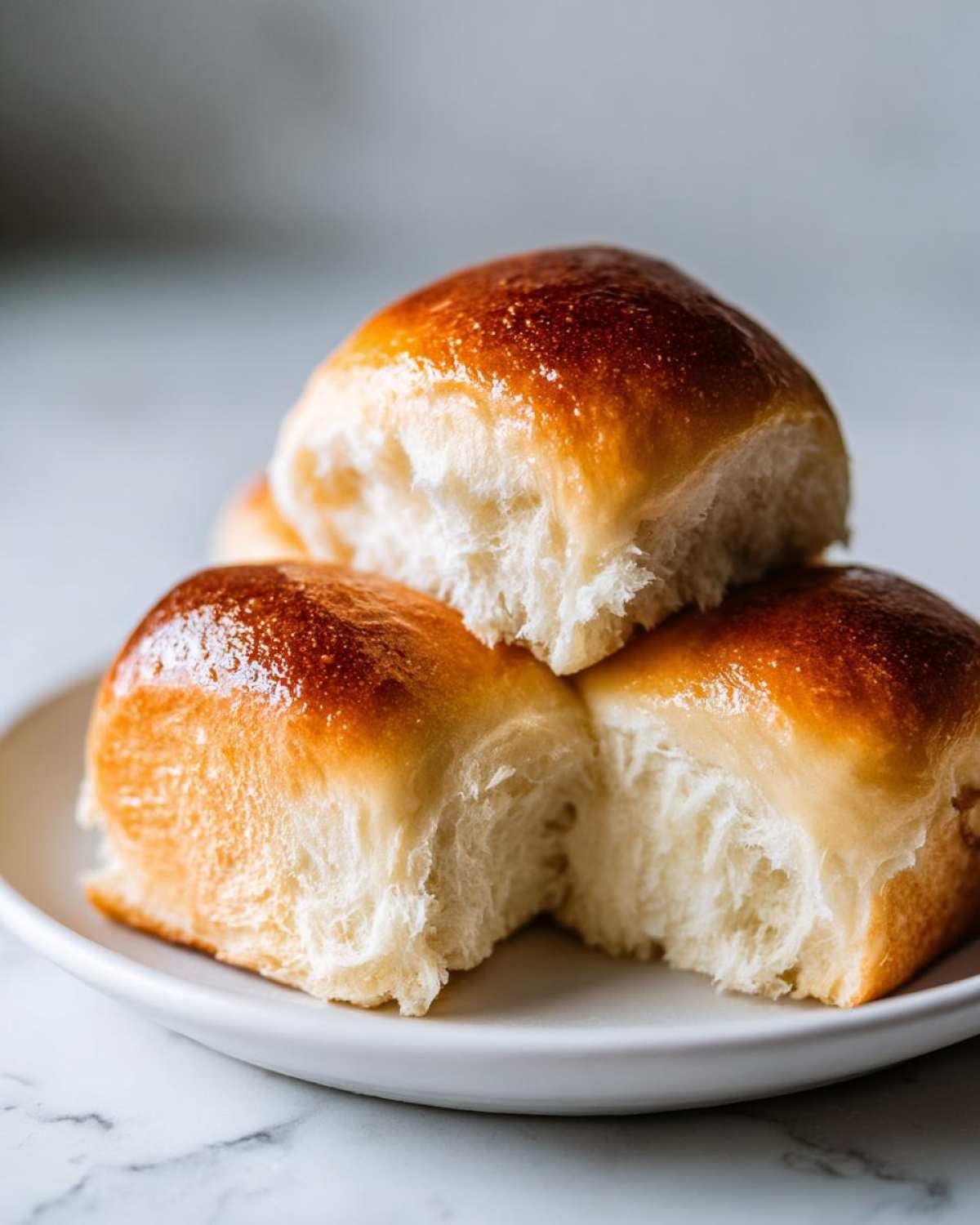 Close-up of three soft, shiny sourdough discard rolls stacked on a white plate, showing the fluffy interior.