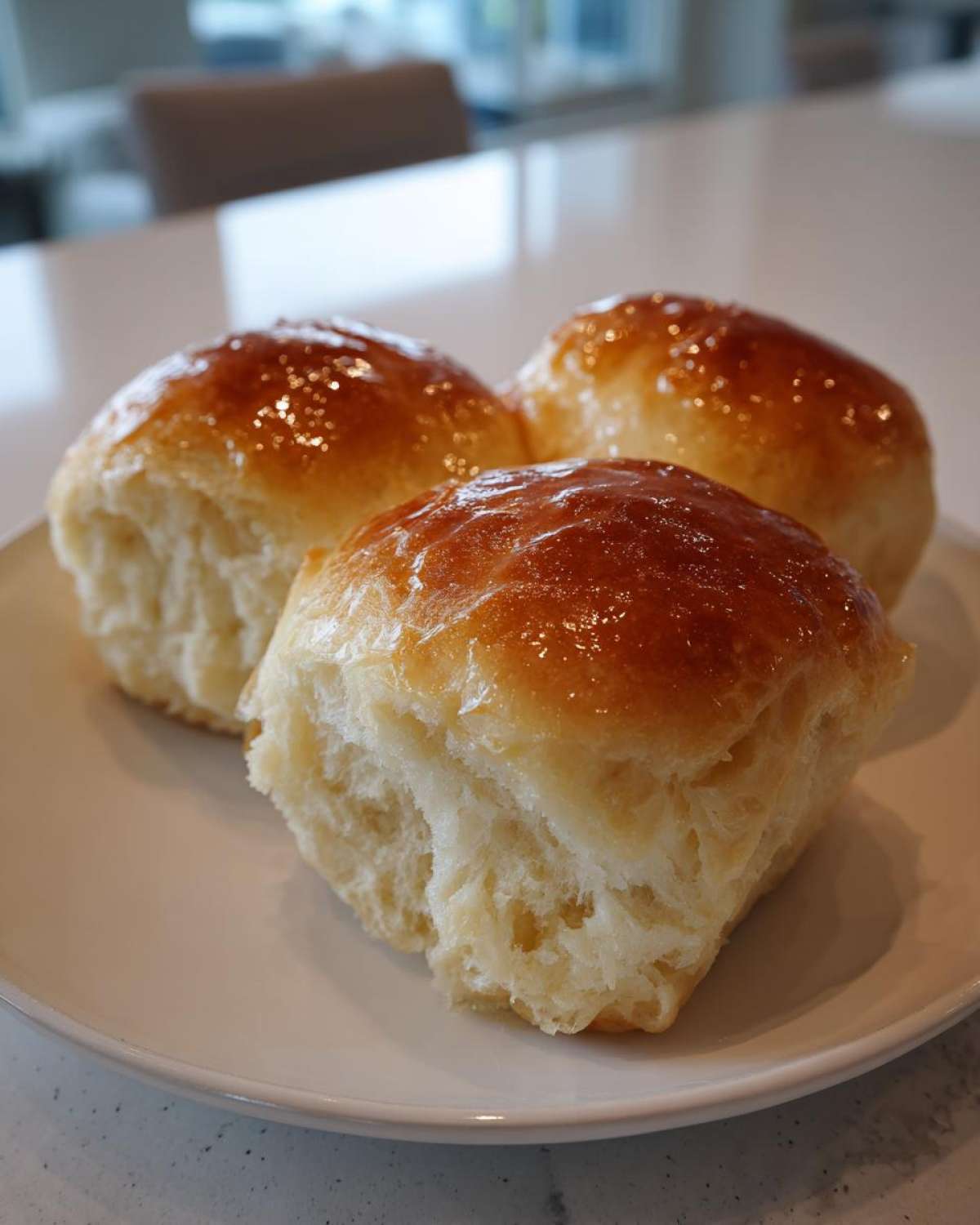 Three fluffy, golden-brown sourdough discard rolls with a shiny glaze resting on a white plate.
