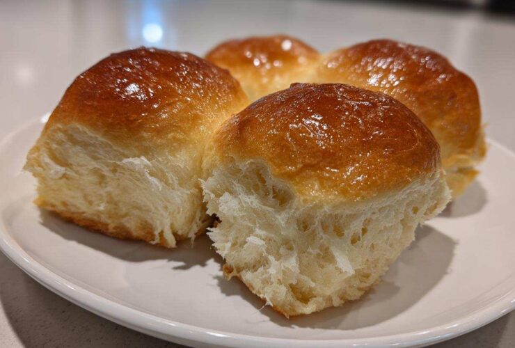 Four golden brown, fluffy sourdough discard rolls with a shiny glaze resting on a white plate.