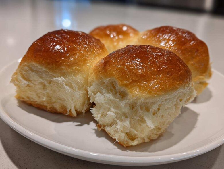 Four golden brown, fluffy sourdough discard rolls with a shiny glaze resting on a white plate.