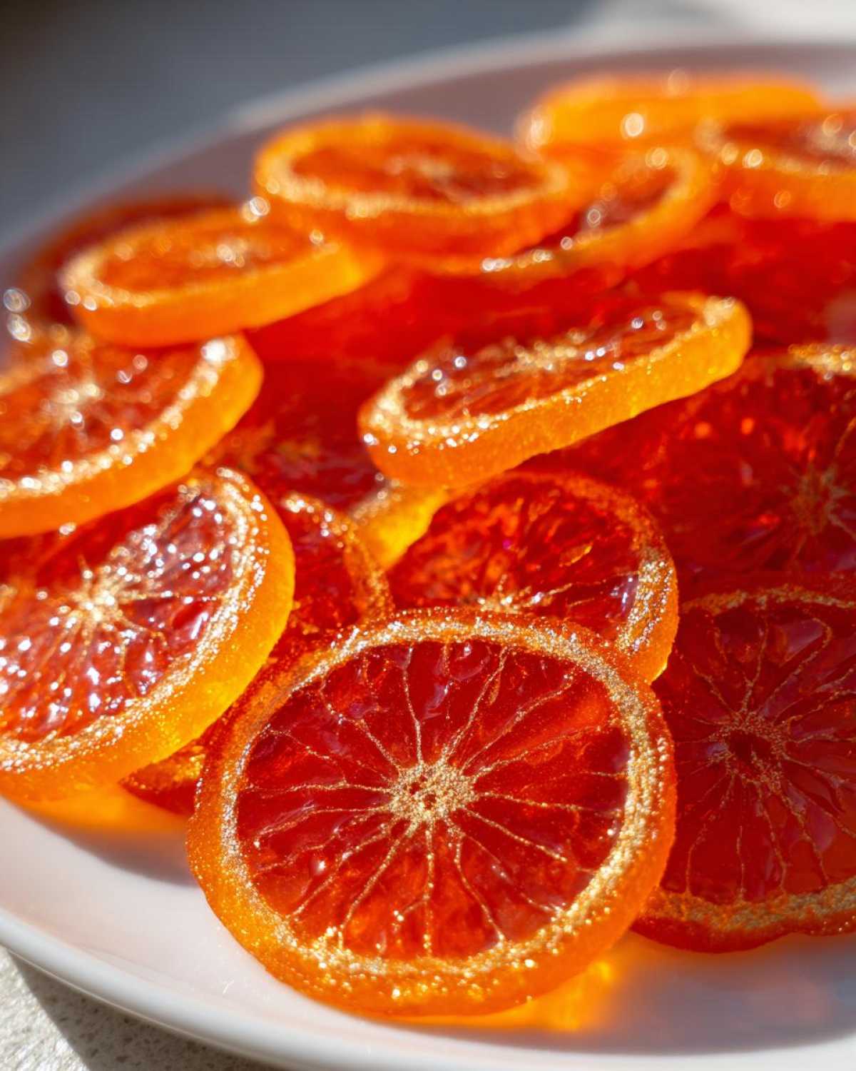 Close-up of glistening, bright orange candied orange slices dusted with sugar on a white plate.
