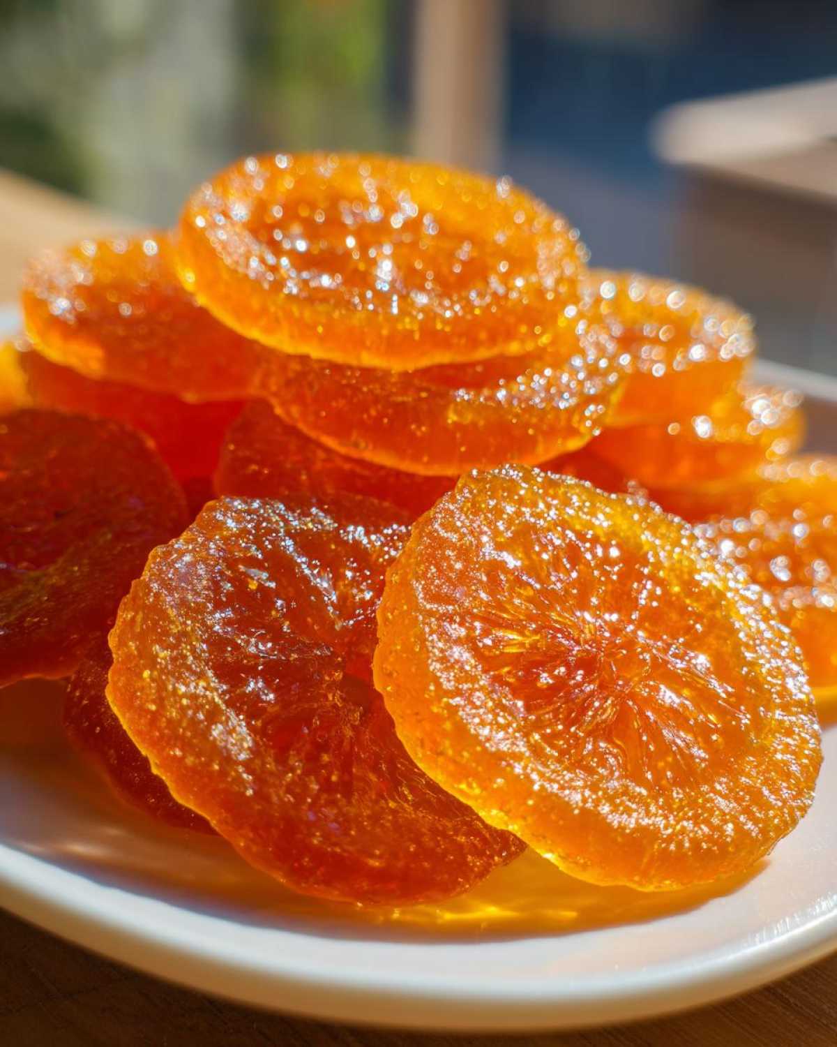 Close-up of glistening, sugar-coated candied orange slices piled high on a white dish.