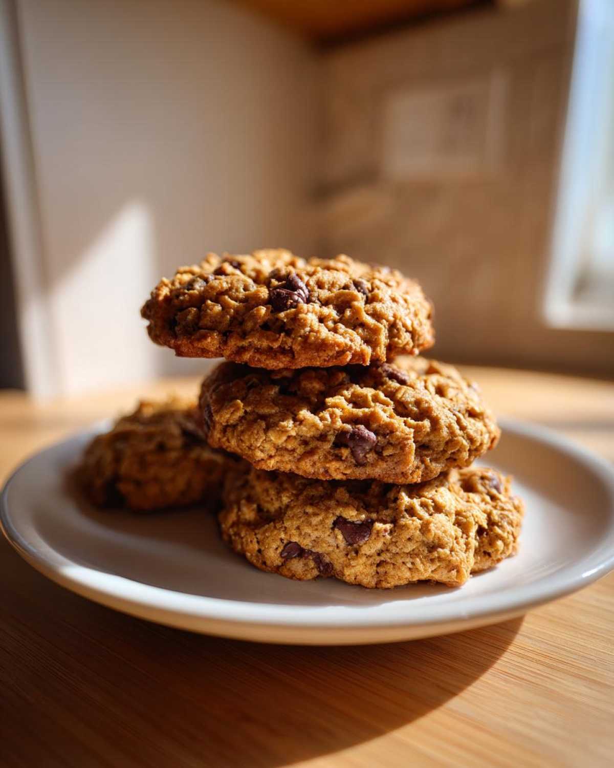 A stack of three golden brown chocolate chip oatmeal cookies resting on a white plate in warm sunlight.