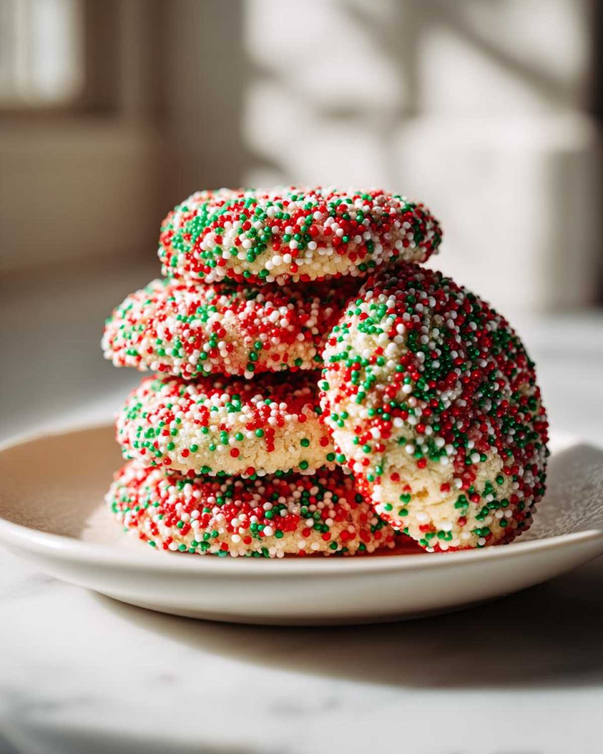 A stack of four delicious christmas sprinkle cookies covered entirely in red, green, and white nonpareils, sitting on a white plate.