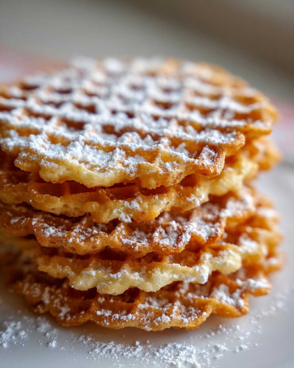 Close-up of a stack of golden brown, crispy pizzelle cookies generously dusted with white powdered sugar.