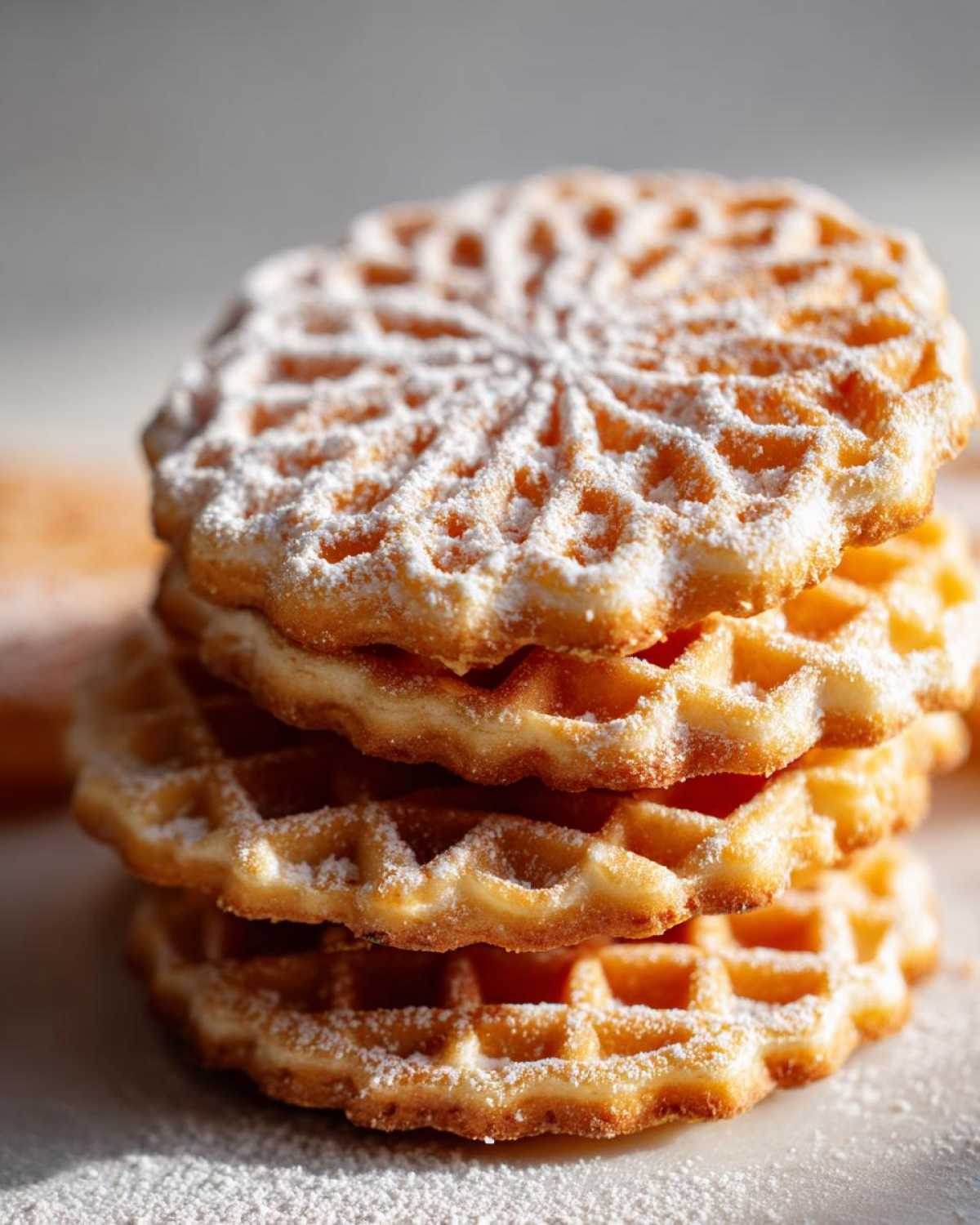 A close-up stack of three golden brown pizzelle cookies, intricately patterned and generously dusted with powdered sugar.